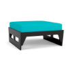 Front perspective view of a commercial outdoor ottoman featuring a sturdy black Marine Grade Polymer (MGP) base topped with a thick, bright turquoise blue cushion.