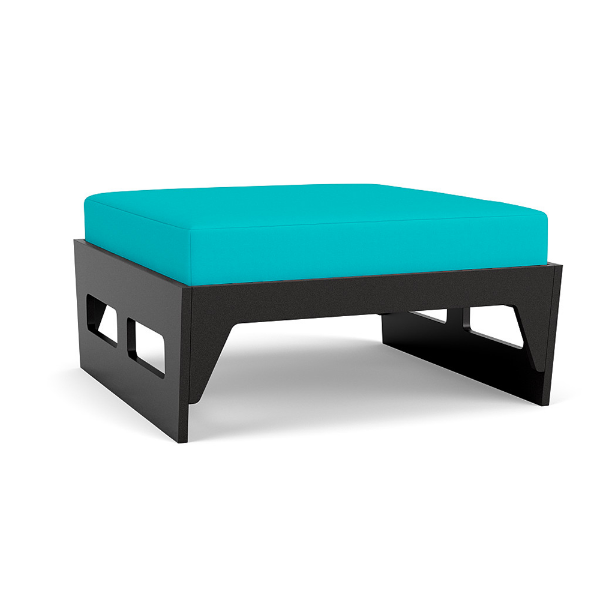Front perspective view of a commercial outdoor ottoman featuring a sturdy black Marine Grade Polymer (MGP) base topped with a thick, bright turquoise blue cushion.