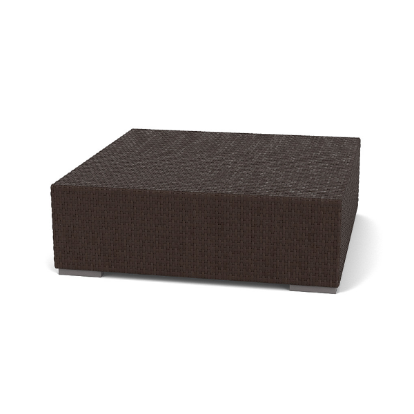 Straight-on front view of a square commercial outdoor coffee table wrapped in dark chocolate brown resin wicker with silver feet.