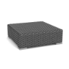 Straight-on eye-level view of a low square commercial outdoor coffee table constructed from woven charcoal-gray synthetic wicker with brushed metallic silver feet on a white studio background.