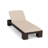 Three-quarter elevated perspective view of an adjustable commercial outdoor chaise lounge with a dark chocolate brown resin wicker base and a light beige full-length cushion.