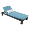 Three-quarter perspective view of an adjustable commercial outdoor chaise lounge made of dark gray resin wicker, topped with a light blue cushion and a small white rectangular lumbar pillow.