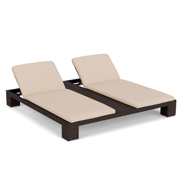 Three-quarter perspective view of a double commercial outdoor chaise lounge made of dark chocolate resin wicker with individually adjustable backrests and off-white cushions
