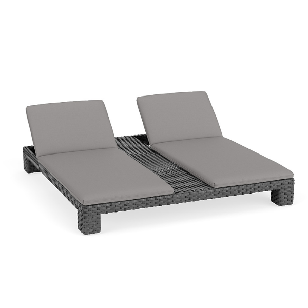 Three-quarter elevated perspective view of a double commercial outdoor chaise lounge made of dark charcoal woven resin wicker with dual independently adjustable backrests and solid gray cushions.