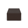 Straight-on front view of a block-style rectangular commercial outdoor coffee table constructed from dark brown Java Chocolate woven synthetic wicker.