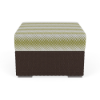 Front elevation view of a square commercial outdoor ottoman with a dark brown woven synthetic wicker base and a plush cushion featuring a green and white wave-patterned fabric.