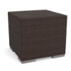 High angle three-quarter view of a compact cube-shaped commercial outdoor side table completely wrapped in dark brown Java Chocolate resin wicker with silver-colored metallic block feet.