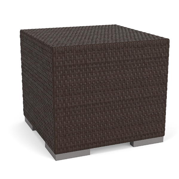 High angle three-quarter view of a compact cube-shaped commercial outdoor side table completely wrapped in dark brown Java Chocolate resin wicker with silver-colored metallic block feet.