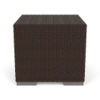 Straight-on eye-level front view of a cube-style commercial outdoor side table featuring a dark brown woven resin wicker frame elevated on flat metallic feet.