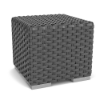 High angle three-quarter view of a cube-shaped commercial outdoor side table covered in dark gray Highland synthetic wicker with silver metal feet.