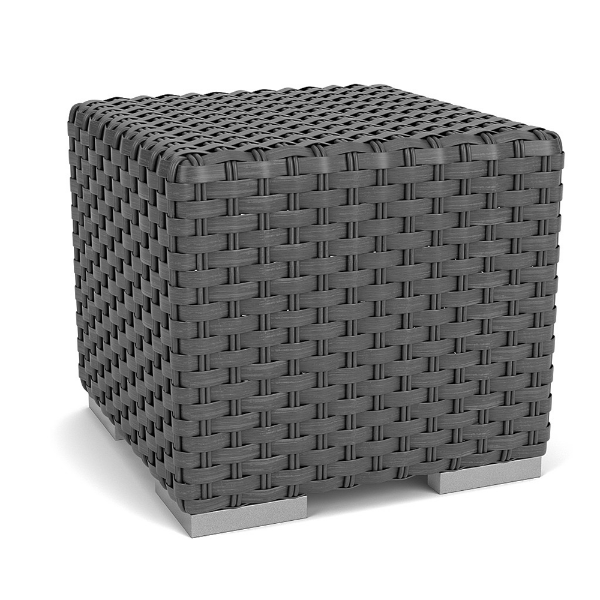 High angle three-quarter view of a cube-shaped commercial outdoor side table covered in dark gray Highland synthetic wicker with silver metal feet.