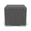 Straight-on front view of a square commercial outdoor side table featuring a thick gray resin wicker weave and low-profile metallic base feet.