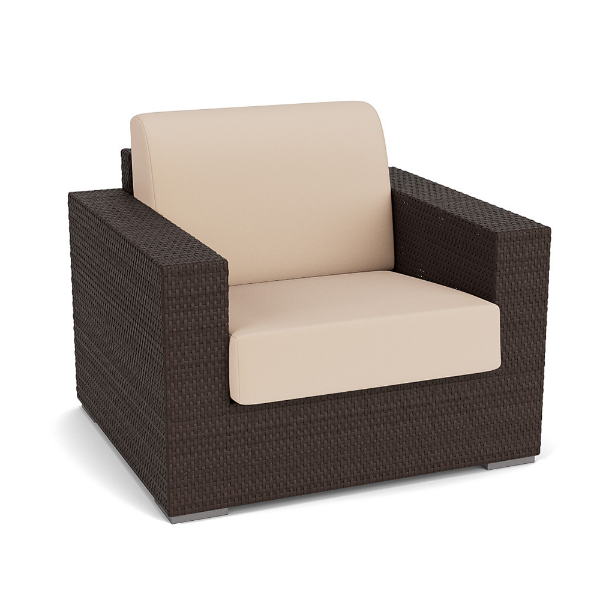 Three-quarter perspective view of a deep-seating commercial outdoor lounge chair made with a dark brown Java Chocolate resin wicker frame and off-white cushions.