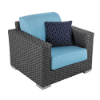 Front three-quarter angle of a commercial outdoor lounge chair with a dark gray woven resin wicker frame, bright sky blue cushions, and a dark navy blue patterned throw pillow.