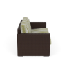 Side profile view of a two-seat outdoor commercial loveseat made of dark brown woven resin wicker with green and white palm-leaf patterned seat and back cushions.