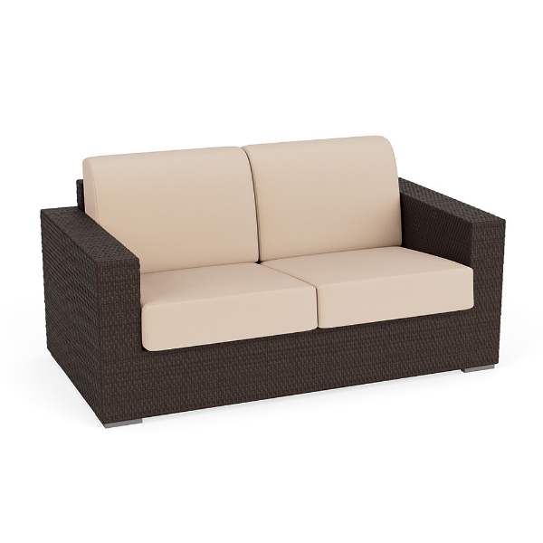 Three-quarter perspective view of a commercial outdoor loveseat featuring a dark brown Java Chocolate resin wicker frame and light off-white or beige cushions.