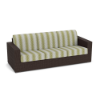 Three-quarter perspective view of a dark brown synthetic wicker commercial outdoor sofa featuring green and white leaf-patterned seat and back cushions.