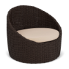 Three-quarter perspective view of a rounded, barrel-style outdoor lounge chair made with dark brown Java Chocolate resin wicker and a fitted off-white/beige seat cushion.