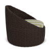 Side perspective view of a dark brown woven resin wicker outdoor barrel chair featuring a seat cushion with a green and white leaf-patterned fabric design.