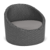 Three-quarter perspective view of a rounded commercial outdoor barrel chair woven from dark gray Highland resin wicker, fitted with a medium gray seat cushion.