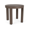 Three-quarter perspective view of a round, 20-inch outdoor aluminum side table in an espresso brown finish, featuring four straight legs and a slatted tabletop design.