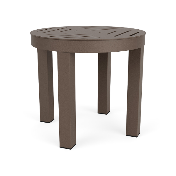 Three-quarter perspective view of a round, 20-inch outdoor aluminum side table in an espresso brown finish, featuring four straight legs and a slatted tabletop design.