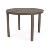 Studio view of a 42-inch round aluminum outdoor dining table in an espresso brown finish, featuring a slatted top pattern with a center umbrella hole and four straight square legs.