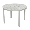 Studio view of a 42-inch round outdoor dining table constructed from aluminum in a light gray or silver finish, featuring a slatted top design with a central umbrella hole.