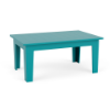 Three-quarter perspective view of a rectangular marine-grade polymer (MGP) outdoor coffee table in an Aruba teal/turquoise finish, featuring a planked tabletop pattern and sturdy square legs.