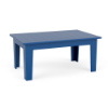 Three-quarter perspective view of a rectangular MGP outdoor coffee table in a bright royal blue finish.