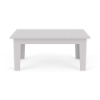Straight-on front view of a rectangular MGP outdoor coffee table in a white finish showing the lower apron and leg profile.