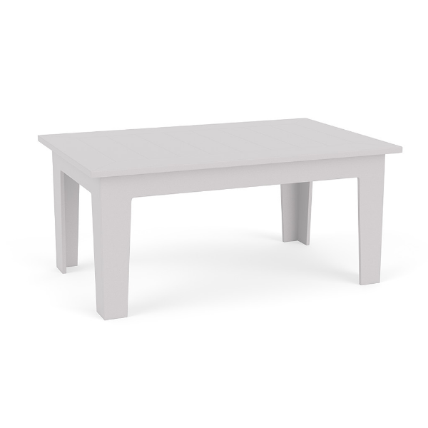 Three-quarter perspective view of a rectangular MGP outdoor coffee table in a clean white finish.