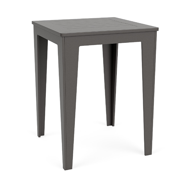 Three-quarter perspective view of a 30-inch square MGP outdoor bar-height table in a uniform dark grey finish with a slatted tabletop.