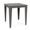 Three-quarter perspective view of a 36-inch square MGP outdoor bar-height table in a uniform dark grey finish, featuring a slatted tabletop with a central umbrella hole.
