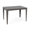 Three-quarter perspective view of a rectangular MGP outdoor bar table finished entirely in dark grey, featuring a slatted top with an umbrella hole.