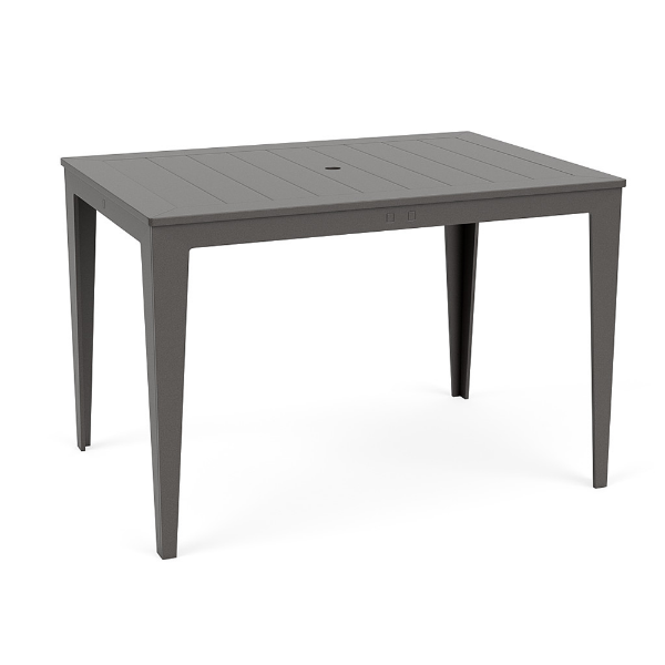 Three-quarter perspective view of a rectangular MGP outdoor bar table finished entirely in dark grey, featuring a slatted top with an umbrella hole.
