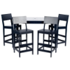 Outdoor dining bar set showing the rectangular MGP table with a white top and dark frame surrounded by four two-tone MGP barstools.