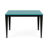 Front perspective view of a 42-inch by 60-inch rectangular marine-grade polymer (MGP) outdoor bar table featuring an Aruba teal slatted top with a centered umbrella hole, supported by a black frame and tapered legs.