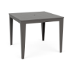 Three-quarter perspective view of a 48-inch square MGP outdoor bar-height table featuring a uniform dark grey finish on both the slatted top (with a center umbrella hole) and the tapered legs.