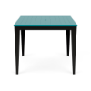 Front-facing straight view of a 48-inch square marine-grade polymer (MGP) outdoor bar-height table featuring a bright Aruba teal slatted top with a centered umbrella hole, resting on a black frame and tapered legs.