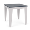 Three-quarter perspective view of a 30-inch square MGP outdoor dining-height table featuring a navy blue slatted top set on a clean white frame with tapered legs.