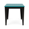 Straight-on front view of a 30-inch square marine-grade polymer (MGP) outdoor dining-height table featuring a bright Aruba teal slatted top set on a contrasting solid black frame with tapered legs.