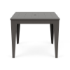 Straight-on front view of a 36-inch square MGP outdoor dining-height table featuring a uniform dark grey finish on both the slatted top (with a centered umbrella hole) and the tapered legs