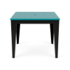 Straight-on front view of a 36-inch square marine-grade polymer (MGP) outdoor dining-height table featuring a bright Aruba teal slatted top with a centered umbrella hole, resting on a black frame with tapered legs.