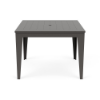 Straight-on front view of a 42-inch square MGP outdoor dining-height table featuring a uniform dark grey finish on both the slatted top (with a centered umbrella hole) and the tapered legs