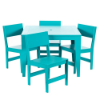 Three-quarter perspective view of a complete outdoor dining set featuring a 42-inch square MGP dining table with an umbrella hole, surrounded by four matching armless MGP dining chairs, all finished in a uniform bright Aruba teal.