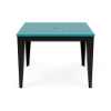 Straight-on front view of a 42-inch square marine-grade polymer (MGP) outdoor dining-height table featuring a bright Aruba teal slatted top with a centered umbrella hole, resting on a black frame with tapered legs.