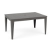 Three-quarter perspective view of a 42x60-inch rectangular MGP outdoor dining-height table featuring a uniform dark grey finish across the slatted top (with a centered umbrella hole) and tapered legs.