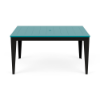 Straight-on front view of a 42x60-inch rectangular marine-grade polymer (MGP) outdoor dining-height table featuring a bright Aruba teal slatted top with a centered umbrella hole, supported by a black frame and tapered legs.