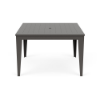 Straight-on front view of a 48-inch square MGP outdoor dining-height table featuring a uniform dark grey finish on both the slatted top (with a centered umbrella hole) and tapered legs.